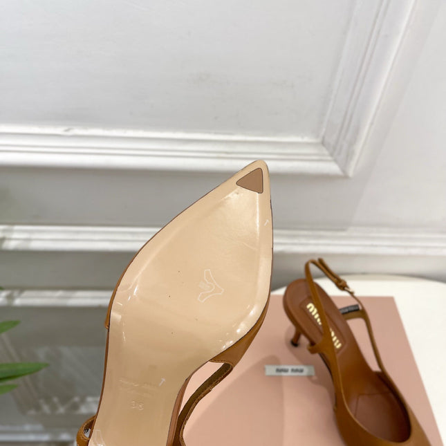 MIUMIU 26S SLINGBACK PUMPS 85MM IN BROWN COGNAC CALFSKIN