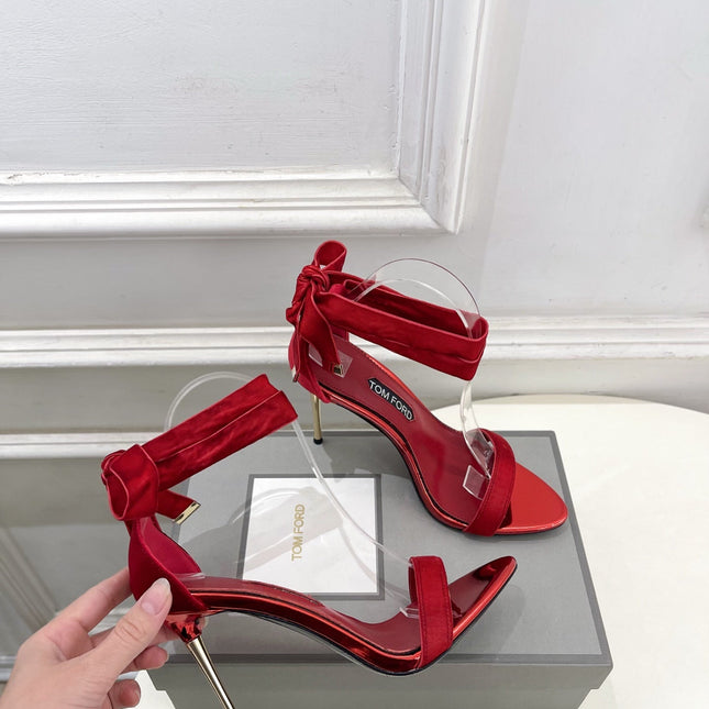 TOM FORD 26S HIGH-HEELED SANDALS 105 MM IN RED FABRIC AND CALFSKIN