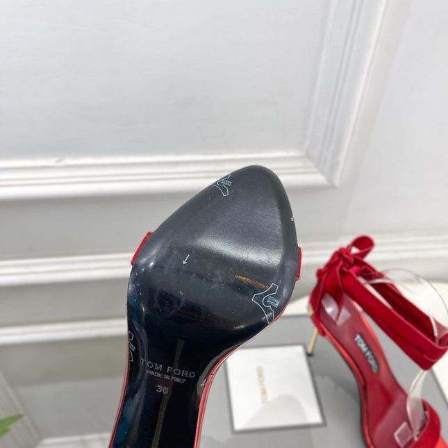 TOM FORD 26S HIGH-HEELED SANDALS 105 MM IN RED FABRIC AND CALFSKIN