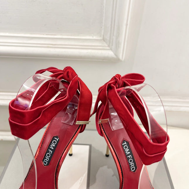 TOM FORD 26S HIGH-HEELED SANDALS 105 MM IN RED FABRIC AND CALFSKIN