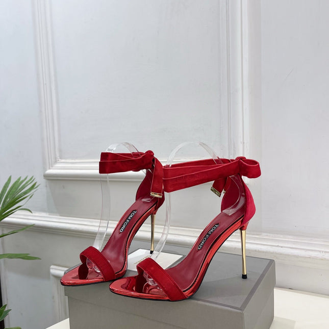 TOM FORD 26S HIGH-HEELED SANDALS 105 MM IN RED FABRIC AND CALFSKIN