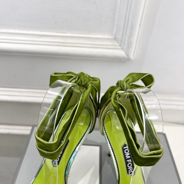 TOM FORD 26S HIGH-HEELED SANDALS 105 MM IN GREEN FABRIC AND CALFSKIN