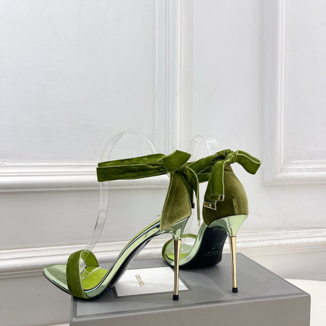 TOM FORD 26S HIGH-HEELED SANDALS 105 MM IN GREEN FABRIC AND CALFSKIN