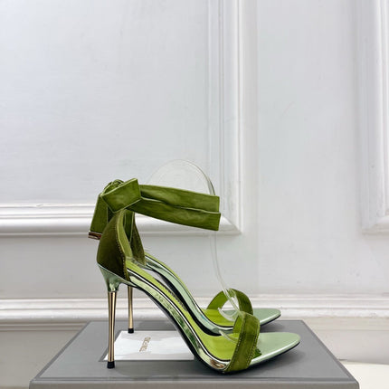 TOM FORD 26S HIGH-HEELED SANDALS 105 MM IN GREEN FABRIC AND CALFSKIN
