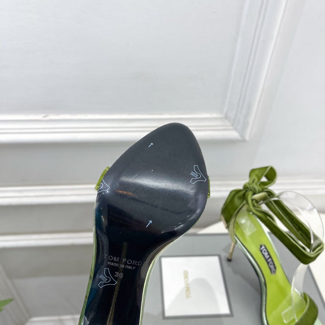 TOM FORD 26S HIGH-HEELED SANDALS 105 MM IN GREEN FABRIC AND CALFSKIN
