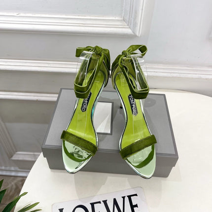 TOM FORD 26S HIGH-HEELED SANDALS 105 MM IN GREEN FABRIC AND CALFSKIN