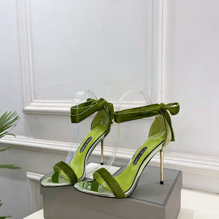 TOM FORD 26S HIGH-HEELED SANDALS 105 MM IN GREEN FABRIC AND CALFSKIN