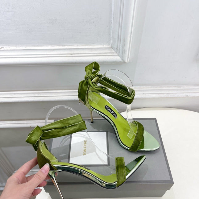 TOM FORD 26S HIGH-HEELED SANDALS 105 MM IN GREEN FABRIC AND CALFSKIN