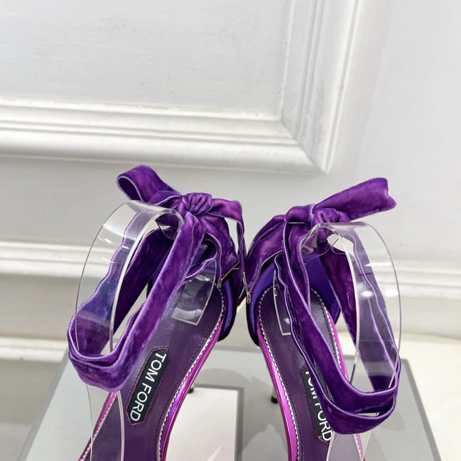 TOM FORD 26S HIGH-HEELED SANDALS 105 MM IN PURPLE FABRIC AND CALFSKIN