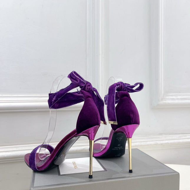TOM FORD 26S HIGH-HEELED SANDALS 105 MM IN PURPLE FABRIC AND CALFSKIN