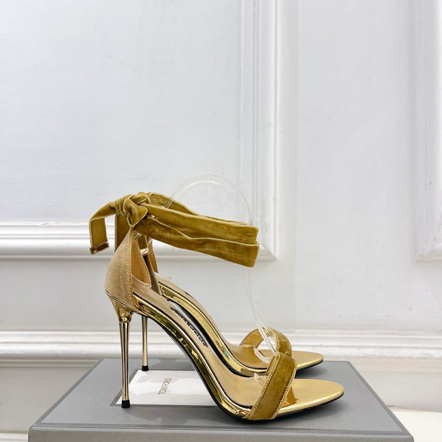 TOM FORD 26S HIGH-HEELED SANDALS 105 MM IN BROWN FABRIC AND GOLD CALFSKIN