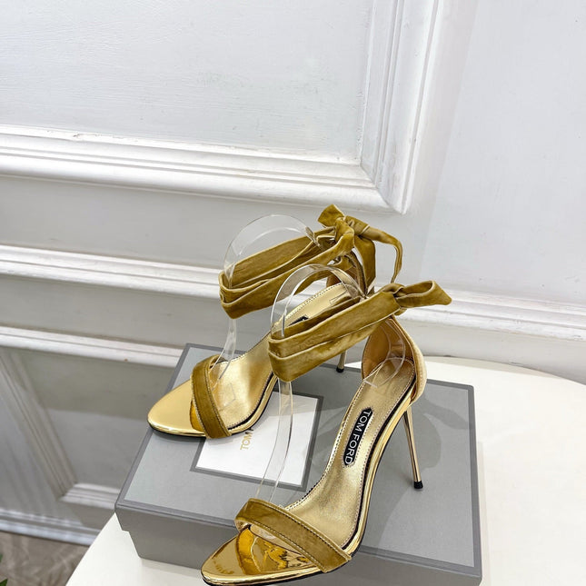 TOM FORD 26S HIGH-HEELED SANDALS 105 MM IN BROWN FABRIC AND GOLD CALFSKIN