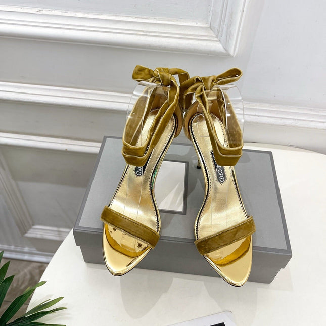 TOM FORD 26S HIGH-HEELED SANDALS 105 MM IN BROWN FABRIC AND GOLD CALFSKIN