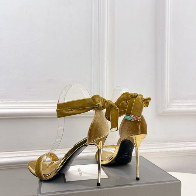 TOM FORD 26S HIGH-HEELED SANDALS 105 MM IN BROWN FABRIC AND GOLD CALFSKIN