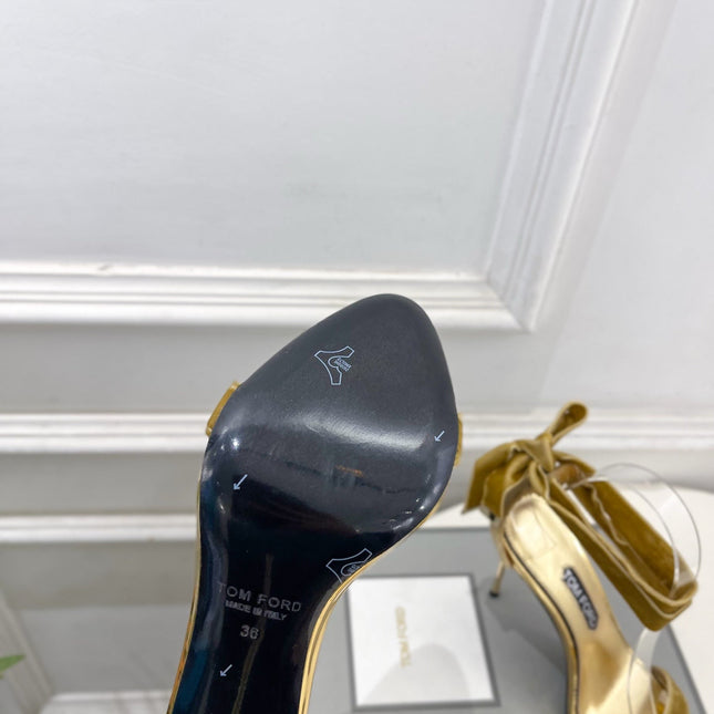 TOM FORD 26S HIGH-HEELED SANDALS 105 MM IN BROWN FABRIC AND GOLD CALFSKIN