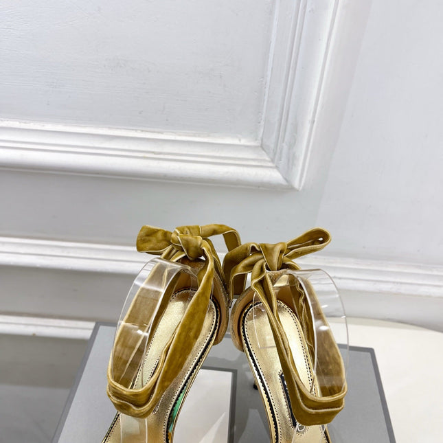 TOM FORD 26S HIGH-HEELED SANDALS 105 MM IN BROWN FABRIC AND GOLD CALFSKIN