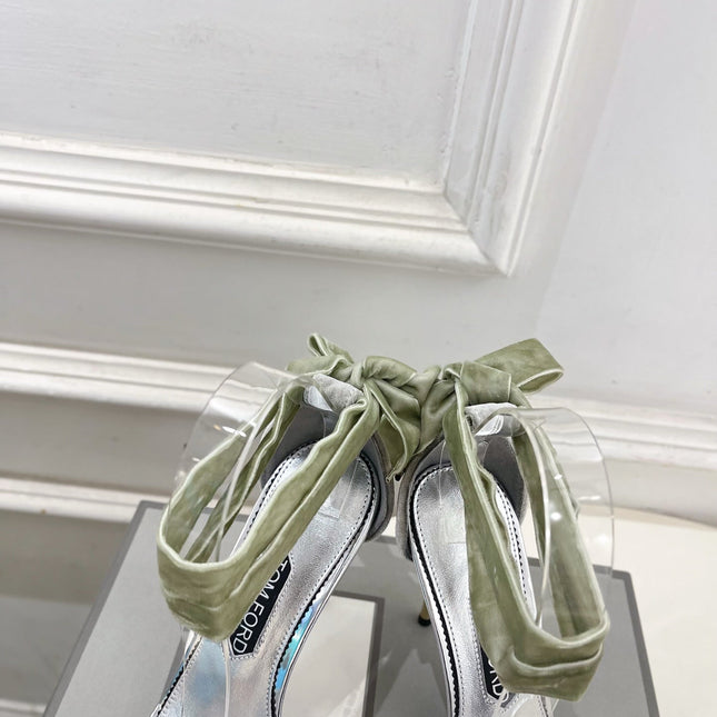 TOM FORD 26S HIGH-HEELED SANDALS 105 MM IN LIGHT GREEN FABRIC AND SILVER CALFSKIN