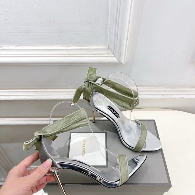 TOM FORD 26S HIGH-HEELED SANDALS 105 MM IN LIGHT GREEN FABRIC AND SILVER CALFSKIN