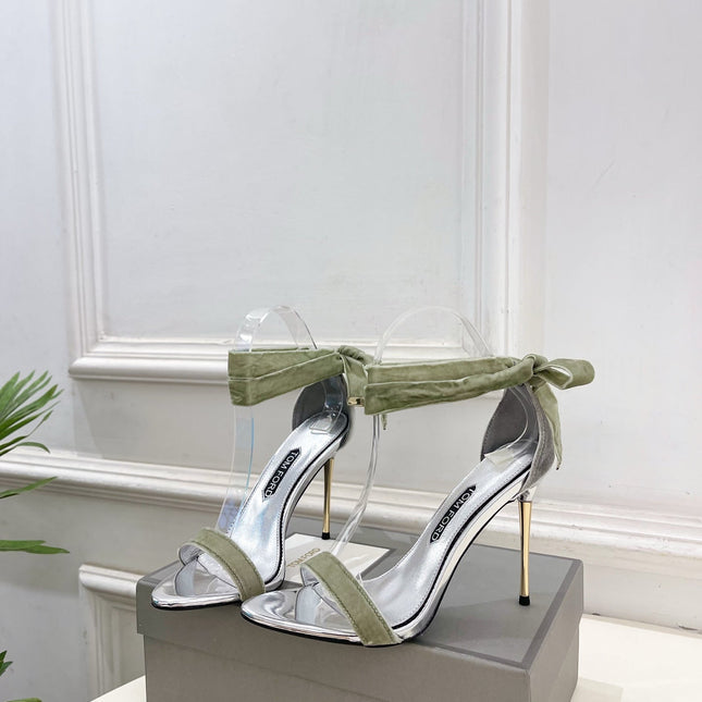 TOM FORD 26S HIGH-HEELED SANDALS 105 MM IN LIGHT GREEN FABRIC AND SILVER CALFSKIN