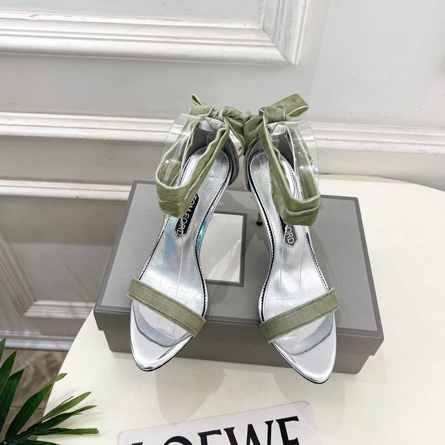 TOM FORD 26S HIGH-HEELED SANDALS 105 MM IN LIGHT GREEN FABRIC AND SILVER CALFSKIN