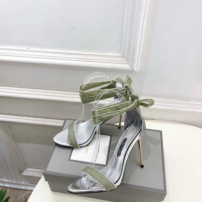 TOM FORD 26S HIGH-HEELED SANDALS 105 MM IN LIGHT GREEN FABRIC AND SILVER CALFSKIN