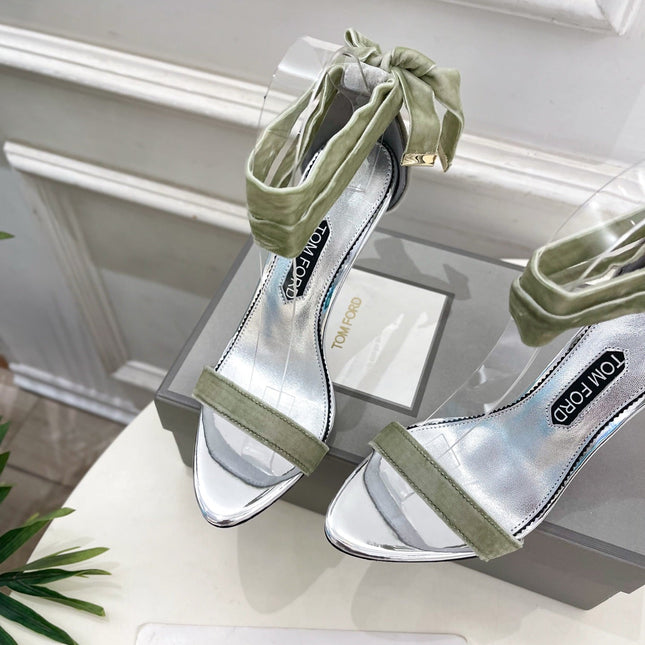 TOM FORD 26S HIGH-HEELED SANDALS 105 MM IN LIGHT GREEN FABRIC AND SILVER CALFSKIN