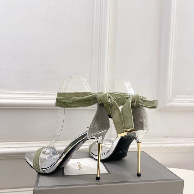 TOM FORD 26S HIGH-HEELED SANDALS 105 MM IN LIGHT GREEN FABRIC AND SILVER CALFSKIN