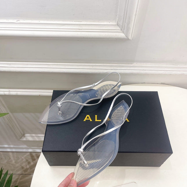 ALAIA 26S POINTED-TOE THONG SANDALS IN SILVER AND TRANSPARENT PVC