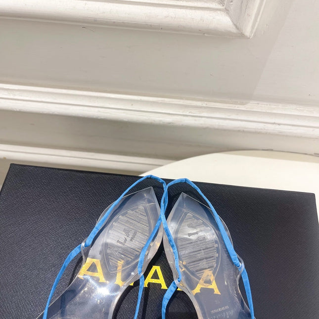 ALAIA 26S POINTED-TOE THONG SANDALS IN BLUE SATIN AND TRANSPARENT PVC