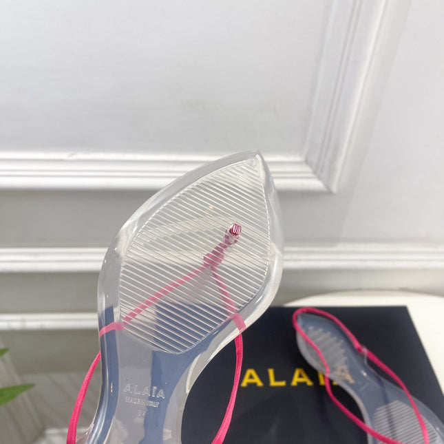 ALAIA 26S POINTED-TOE THONG SANDALS IN DARK PINK SATIN AND TRANSPARENT PVC