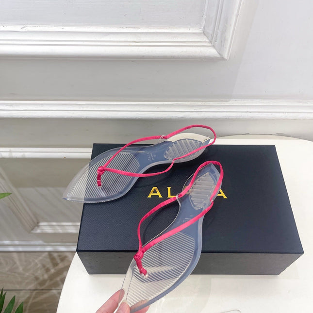 ALAIA 26S POINTED-TOE THONG SANDALS IN DARK PINK SATIN AND TRANSPARENT PVC