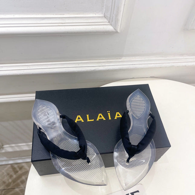 ALAIA 26S THONG SANDALS IN BLACK SATIN AND TRANSPARENT PVC