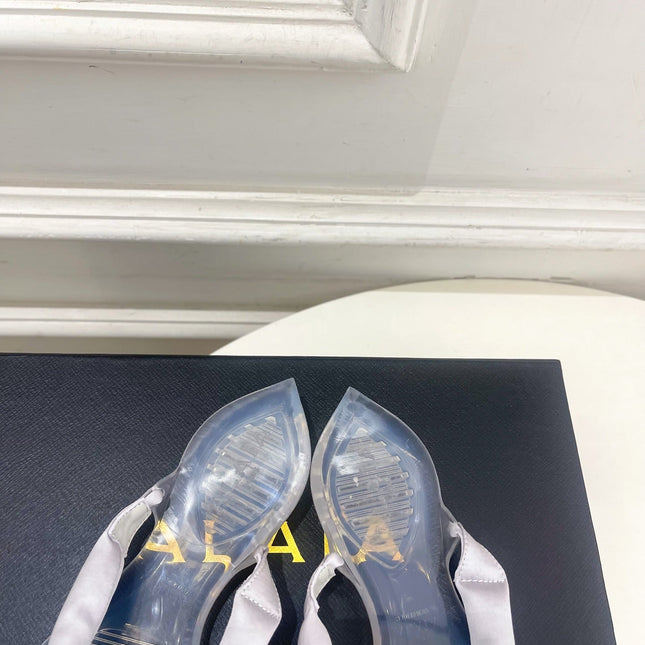 ALAIA 26S THONG SANDALS IN PEARL GREY SATIN AND TRANSPARENT PVC