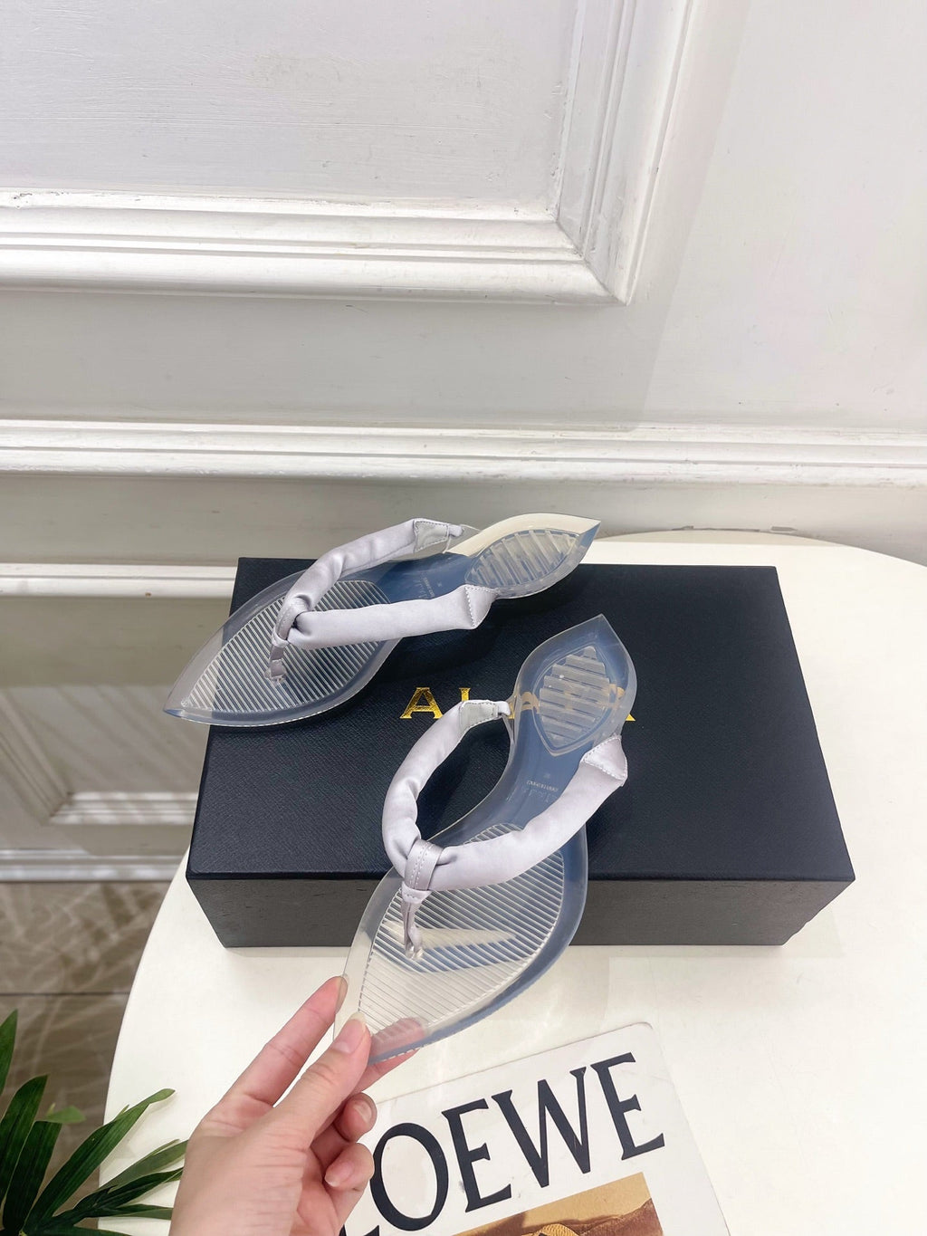 ALAIA 26S THONG SANDALS IN PEARL GREY SATIN AND TRANSPARENT PVC