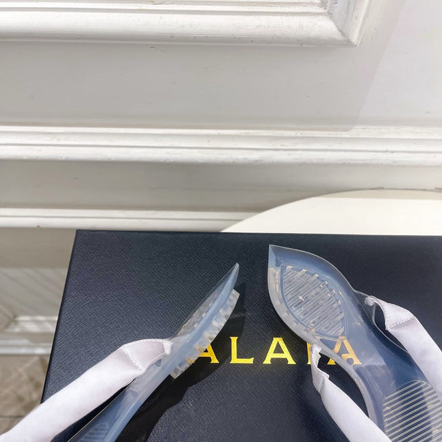 ALAIA 26S THONG SANDALS IN PEARL GREY SATIN AND TRANSPARENT PVC
