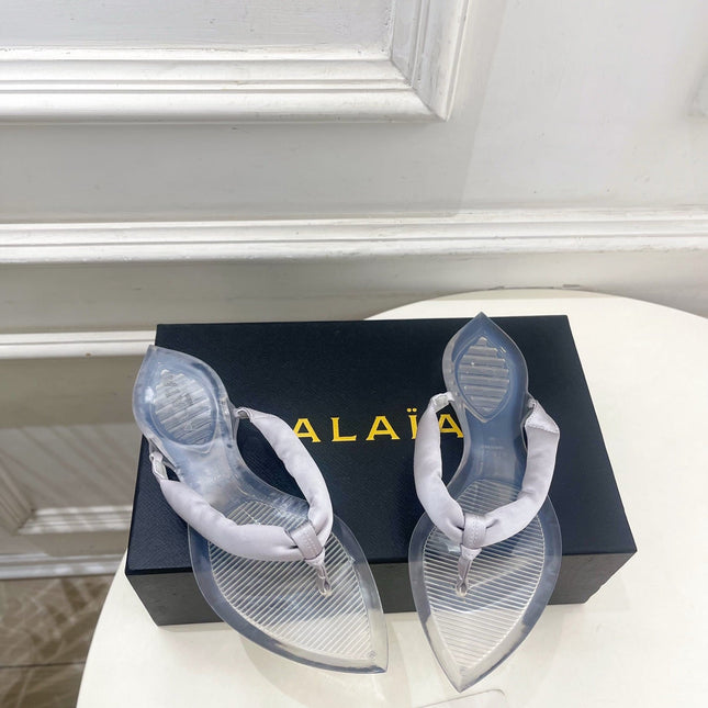 ALAIA 26S THONG SANDALS IN PEARL GREY SATIN AND TRANSPARENT PVC