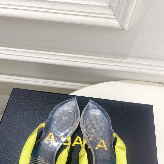 ALAIA 26S THONG SANDALS IN LIGHT YELLOW SATIN AND TRANSPARENT PVC