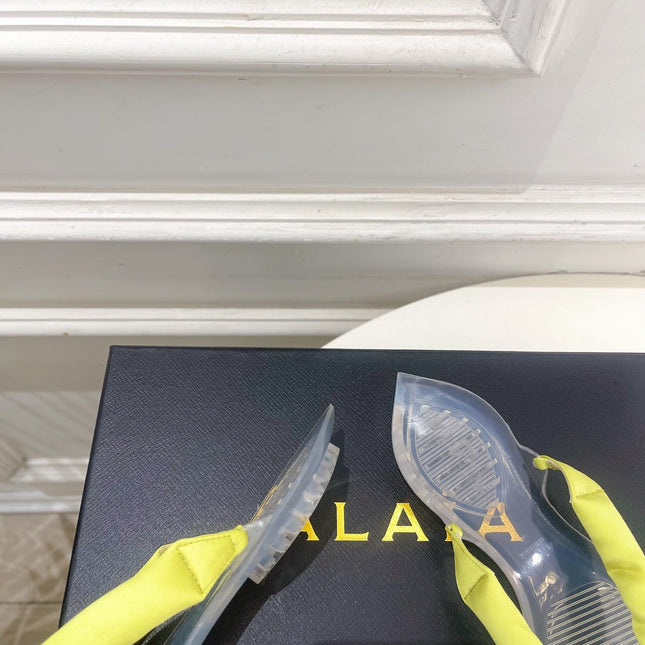 ALAIA 26S THONG SANDALS IN LIGHT YELLOW SATIN AND TRANSPARENT PVC