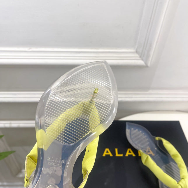 ALAIA 26S THONG SANDALS IN LIGHT YELLOW SATIN AND TRANSPARENT PVC