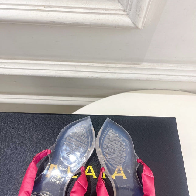 ALAIA 26S THONG SANDALS IN DARK PINK SATIN AND TRANSPARENT PVC