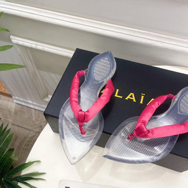 ALAIA 26S THONG SANDALS IN DARK PINK SATIN AND TRANSPARENT PVC