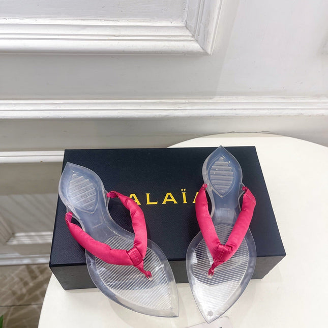 ALAIA 26S THONG SANDALS IN DARK PINK SATIN AND TRANSPARENT PVC