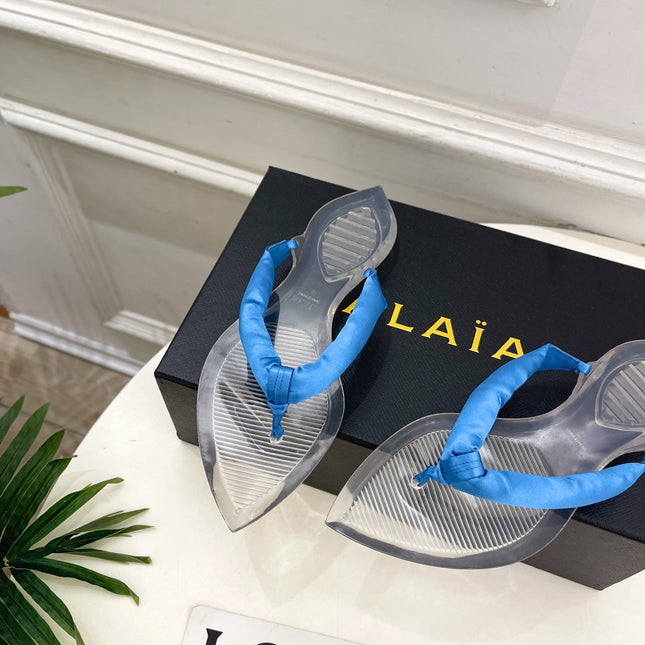 ALAIA 26S THONG SANDALS IN BLUE SATIN AND TRANSPARENT PVC
