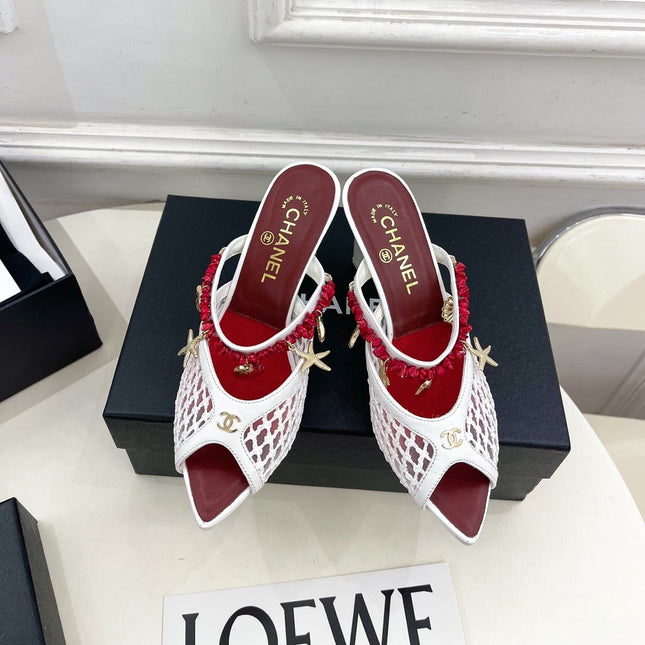 CHANEL 26S STARFISH EMBELLISHED MULE IN WHITE RED LEATHER & MESH