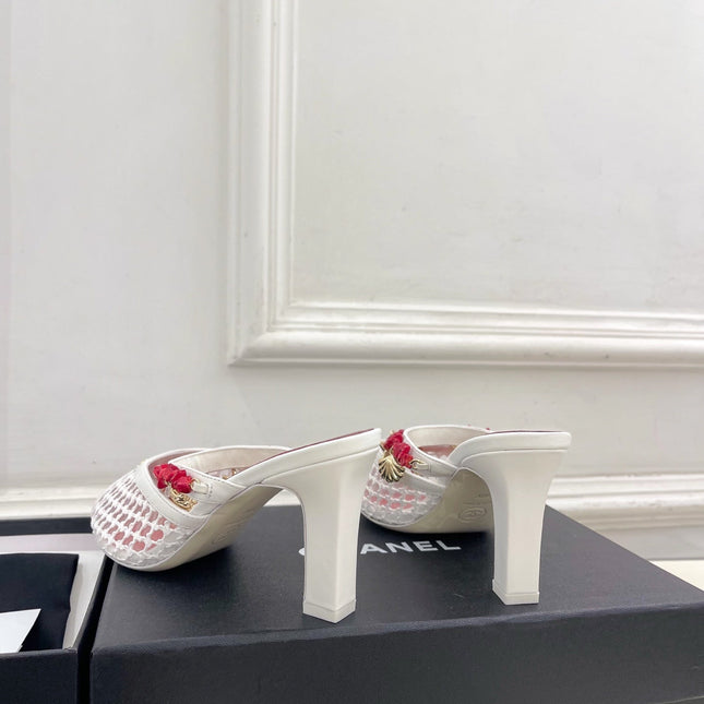 CHANEL 26S STARFISH EMBELLISHED MULE IN WHITE RED LEATHER & MESH