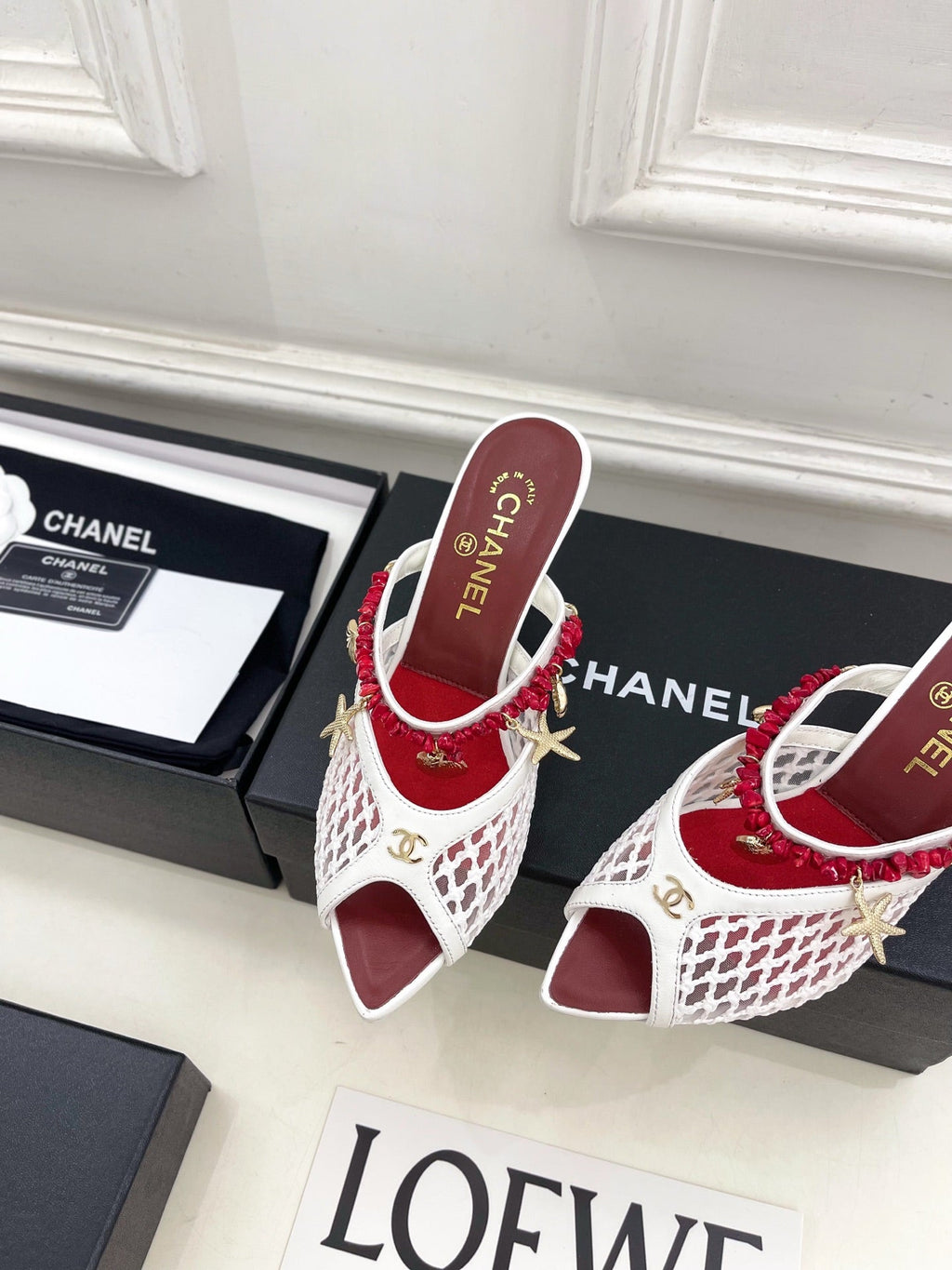CHANEL 26S STARFISH EMBELLISHED MULE IN WHITE RED LEATHER & MESH
