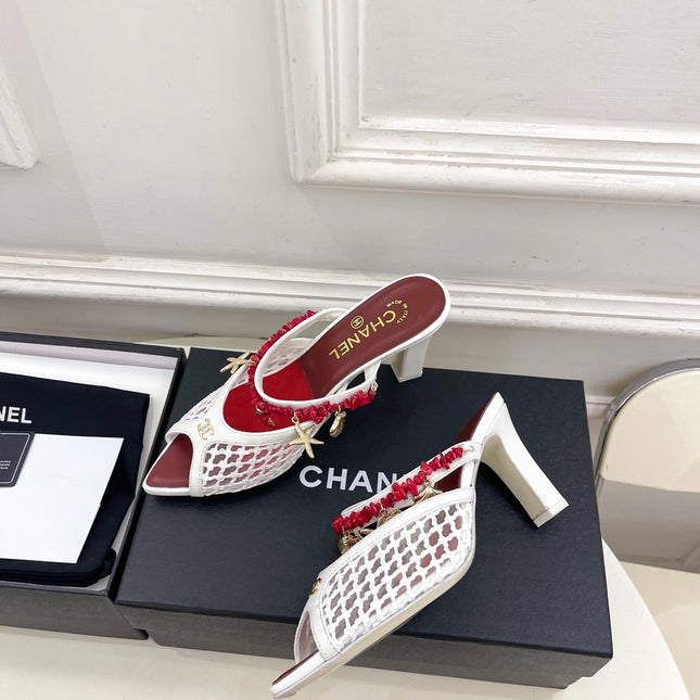 CHANEL 26S STARFISH EMBELLISHED MULE IN WHITE RED LEATHER & MESH