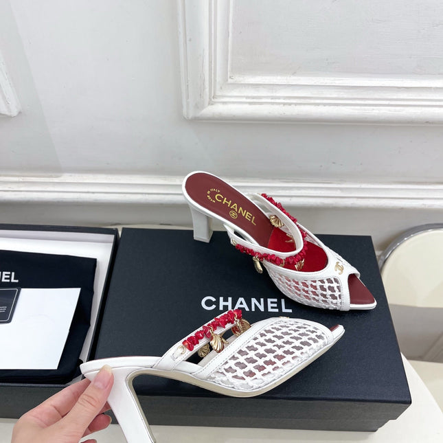 CHANEL 26S STARFISH EMBELLISHED MULE IN WHITE RED LEATHER & MESH
