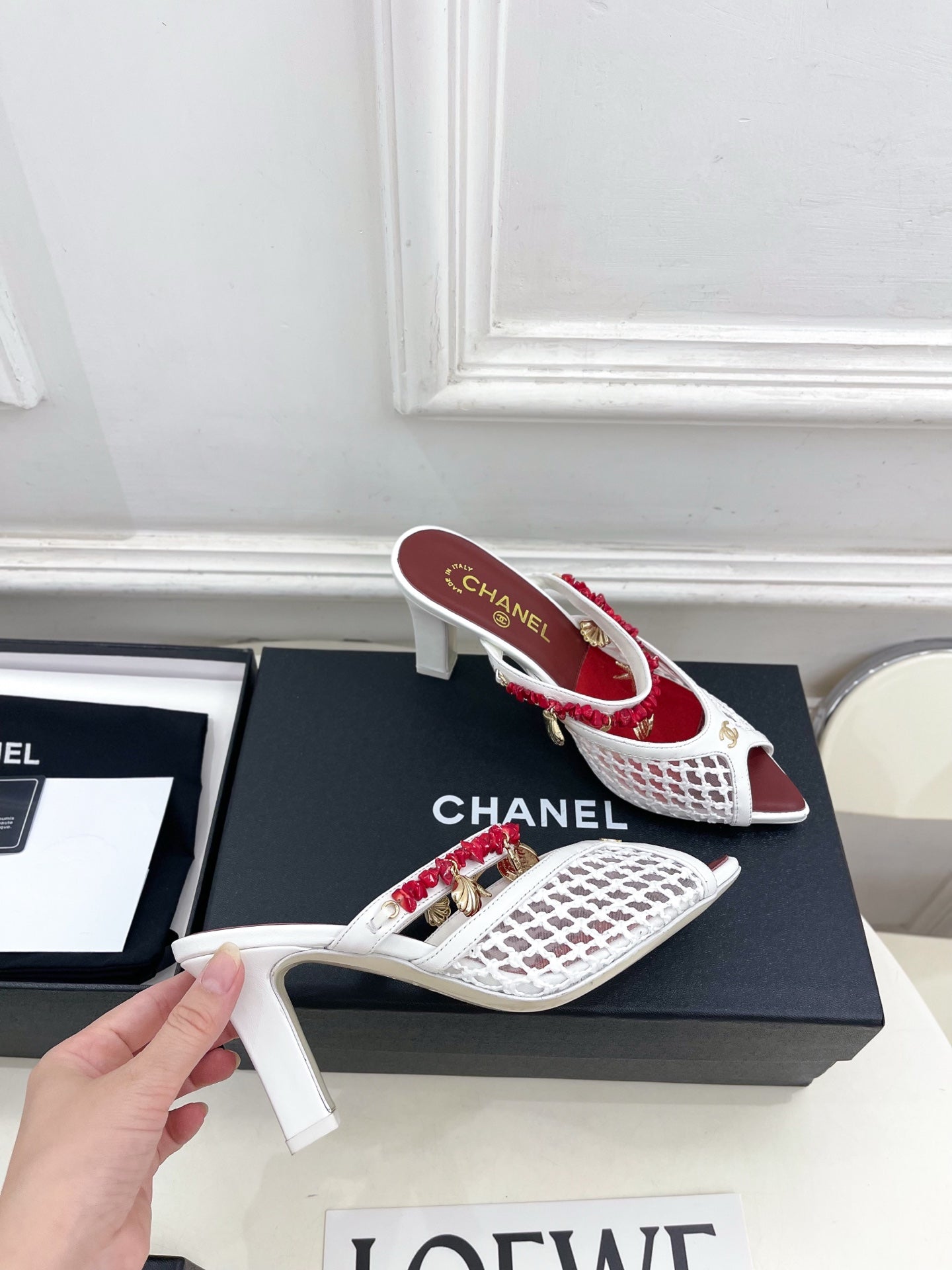 CHANEL 26S STARFISH EMBELLISHED MULE IN WHITE RED LEATHER & MESH