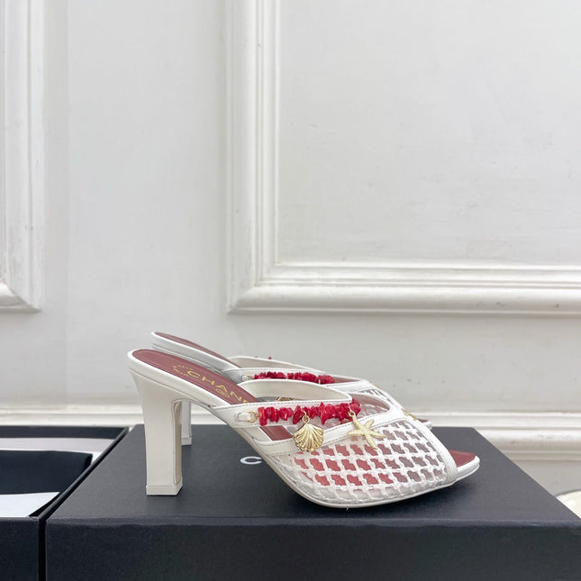 CHANEL 26S STARFISH EMBELLISHED MULE IN WHITE RED LEATHER & MESH